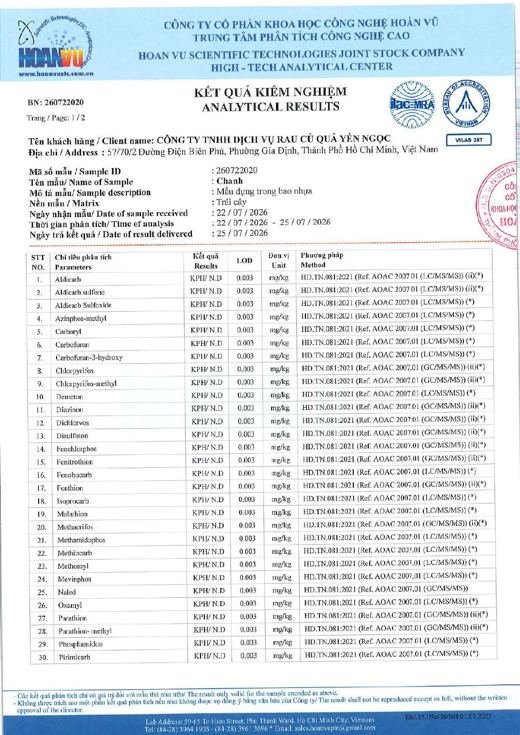 Phiếu kết quả kiểm nghiệm Chanh