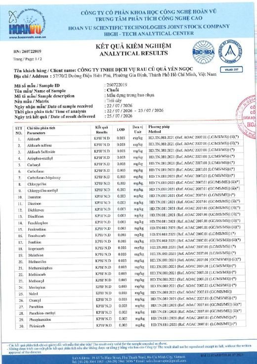 Phiếu kết quả kiểm nghiệm Chuối