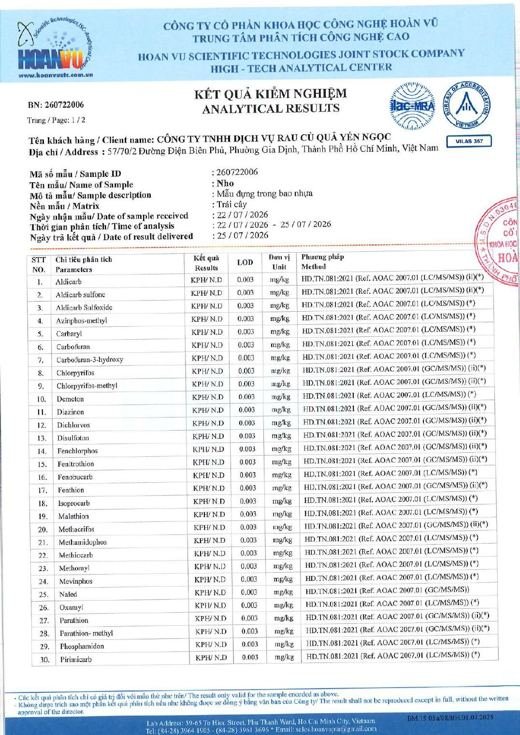 Phiếu kết quả kiểm nghiệm Nho