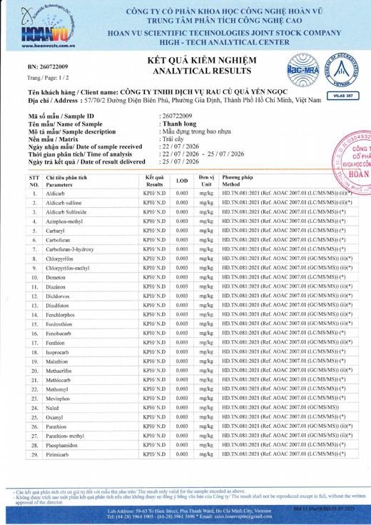 Phiếu kết quả kiểm nghiệm Thanh long
